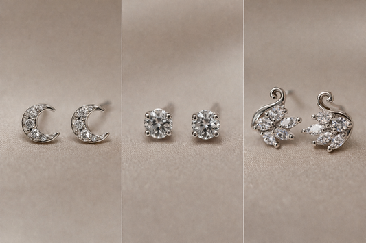 Sparkling Stud Earrings Set | Moon, Solitaire & Floral Silver Earrings