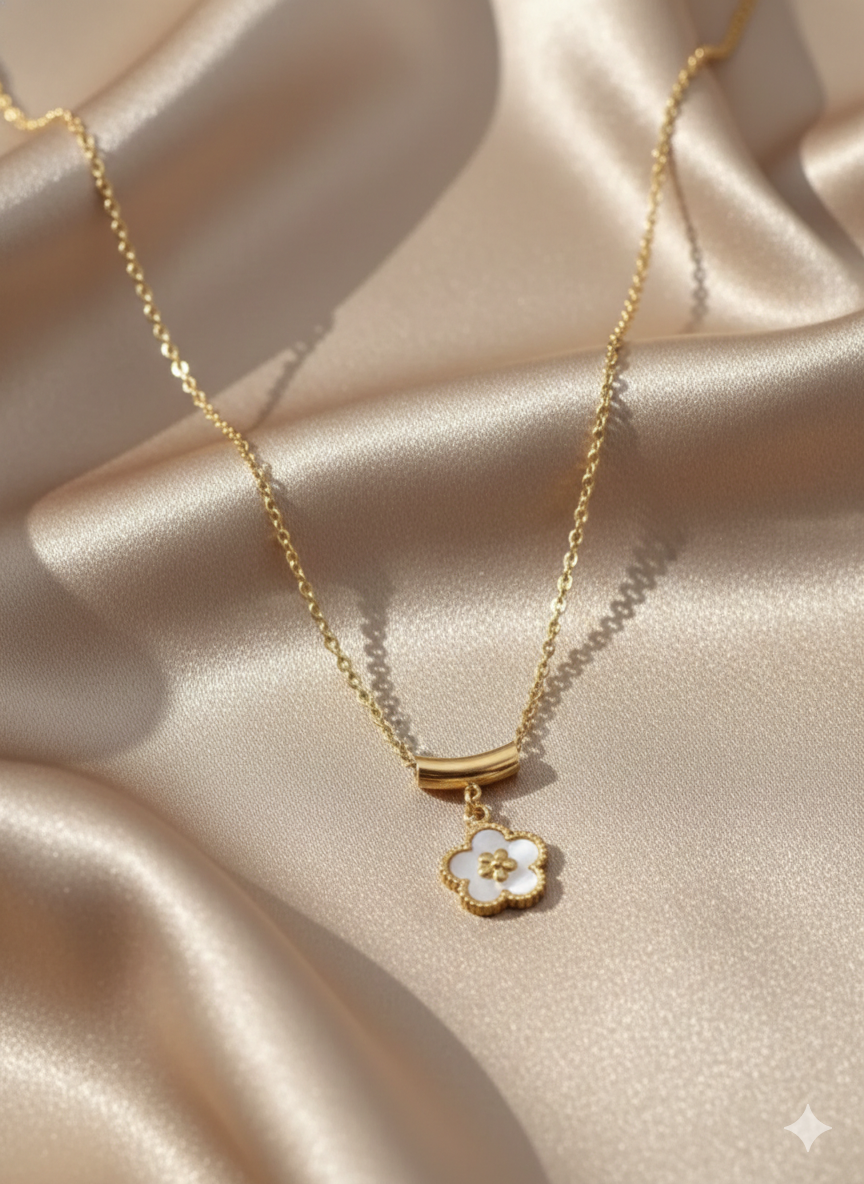 White Gold Flower Pendant Necklace for Women | Minimal Floral Charm Necklace