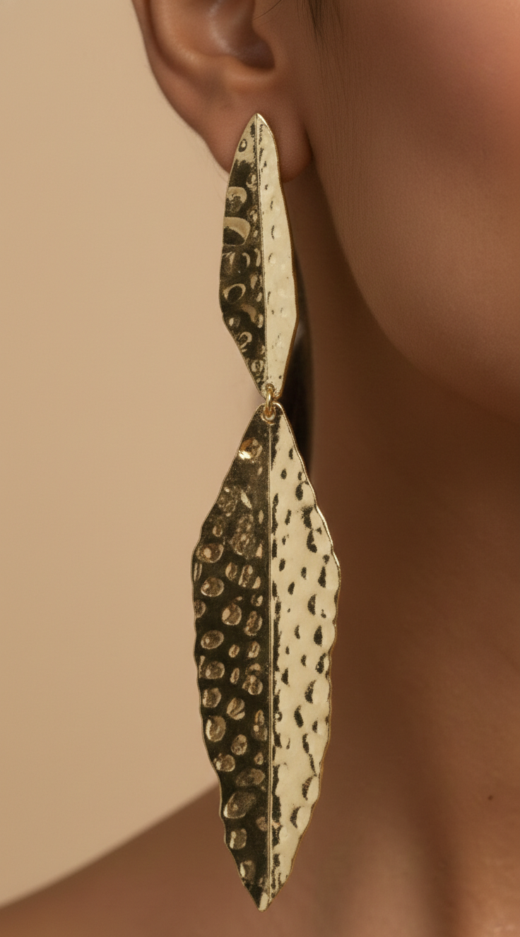 Gold Hammered Leaf Drop Earrings