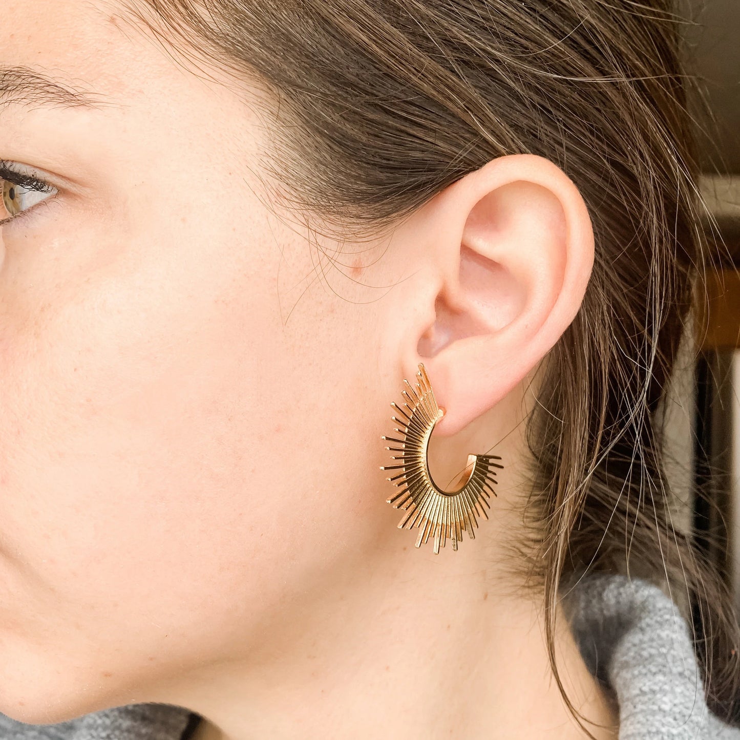 Gold-tone Sunburst Hoop Earrings | Statement Crescent Stud Earrings