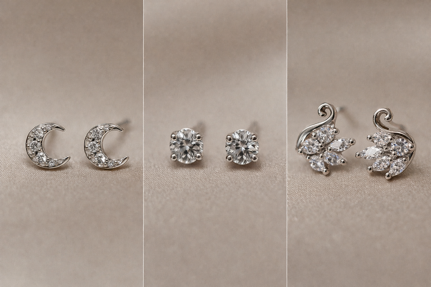 Sparkling Stud Earrings Set | Moon, Solitaire & Floral Silver Earrings