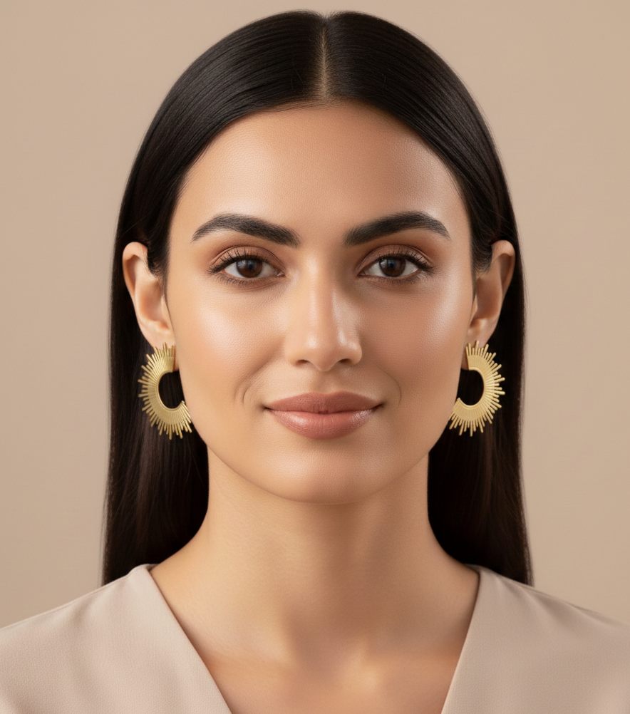 Gold-tone Sunburst Hoop Earrings  | Statement Crescent Stud Earrings