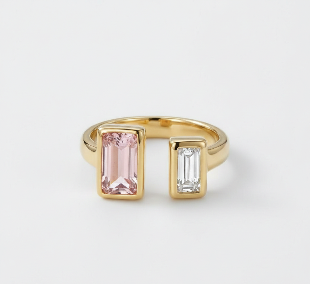 Open Gold Ring with Pink & White Baguette Stones for Women