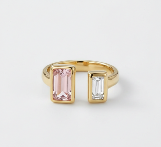 Open Gold Ring with Pink & White Baguette Stones for Women