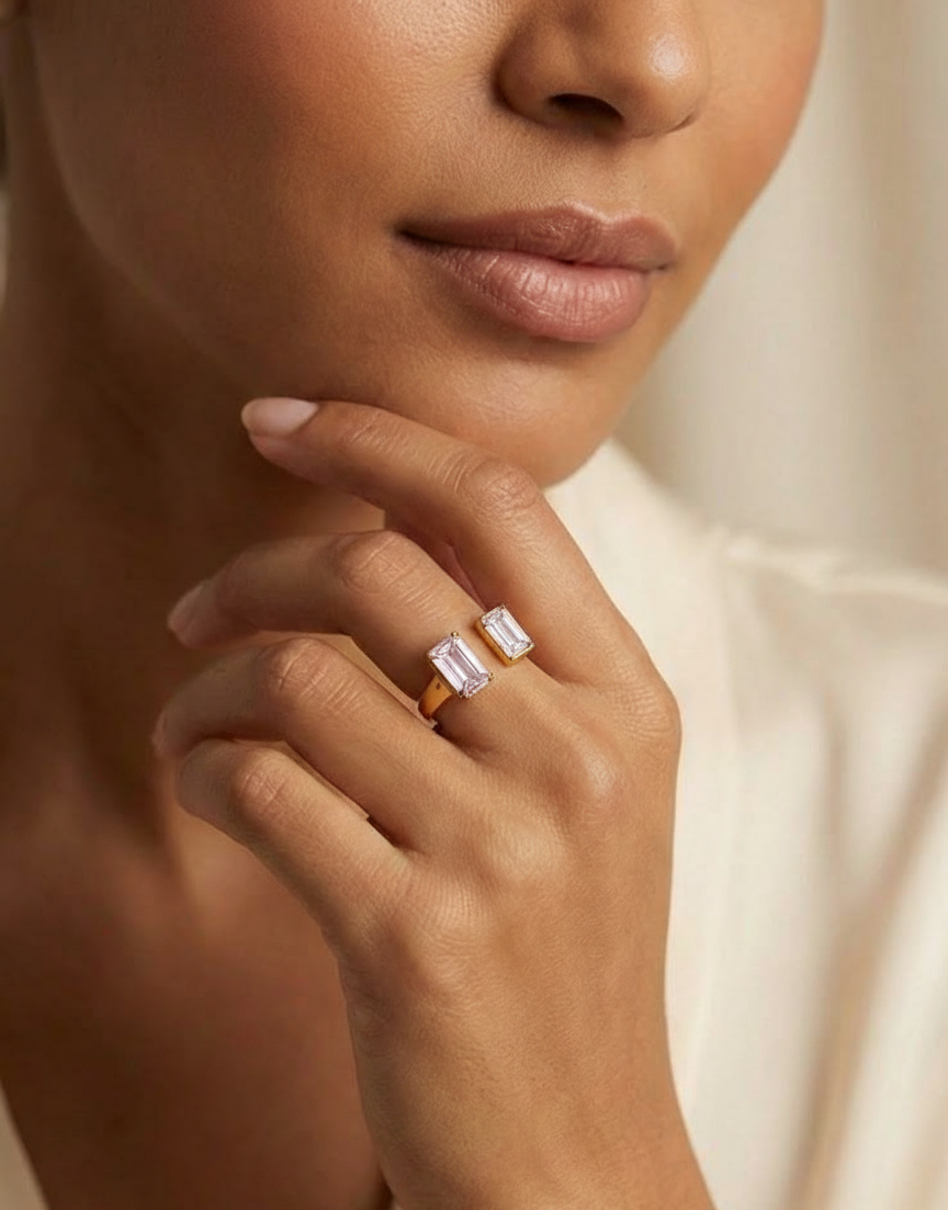 Open Gold Ring with Pink & White Baguette Stones for Women