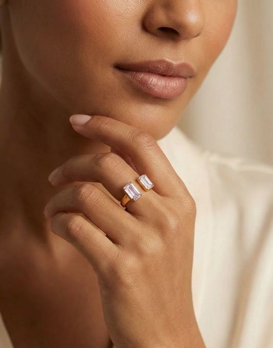 Open Gold Ring with Pink & White Baguette Stones for Women