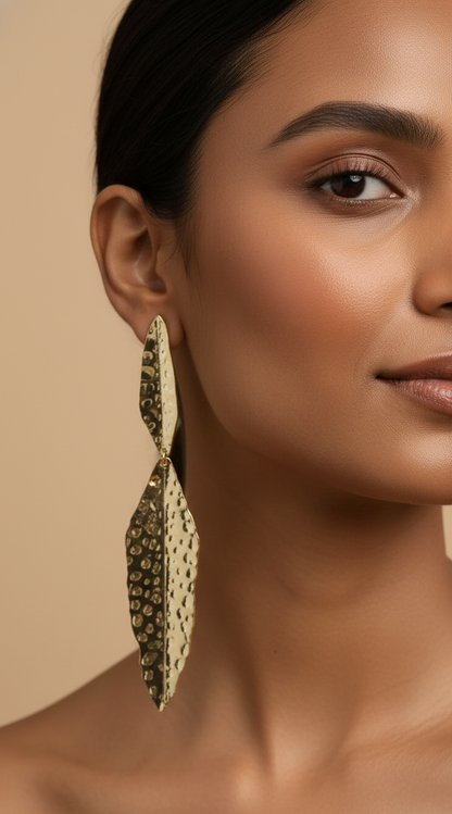 Gold Hammered Leaf Drop Earrings