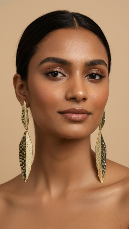Gold Hammered Leaf Drop Earrings