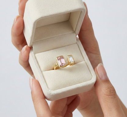 Open Gold Ring with Pink & White Baguette Stones for Women