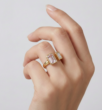 Open Gold Ring with Pink & White Baguette Stones for Women