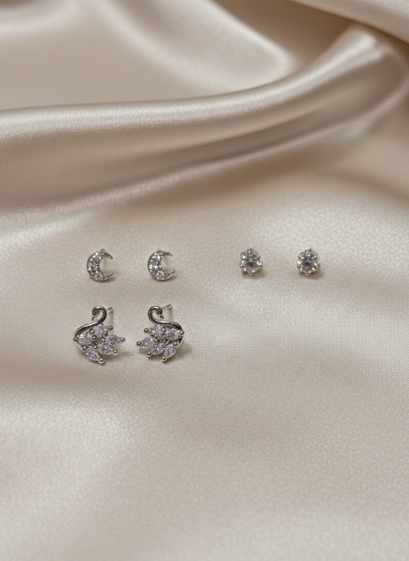 Sparkling Stud Earrings Set | Moon, Solitaire & Floral Silver Earrings