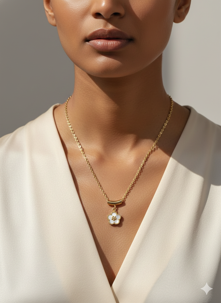 White Gold Flower Pendant Necklace for Women | Minimal Floral Charm Necklace