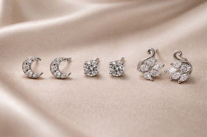 Sparkling Stud Earrings Set | Moon, Solitaire & Floral Silver Earrings