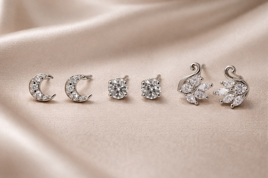 Sparkling Stud Earrings Set | Moon, Solitaire & Floral Silver Earrings